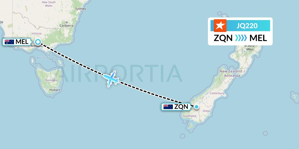 JQ220 Jetstar Airways Flight Map: Queenstown to Melbourne