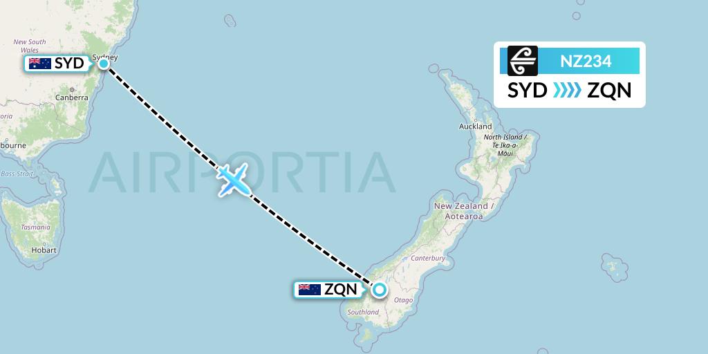 NZ234 Air New Zealand Flight Map: Sydney to Queenstown