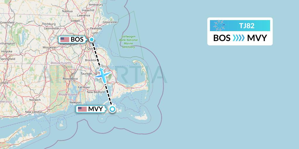 TJ82 Tradewind Aviation Flight Map: Boston to Martha's Vineyard