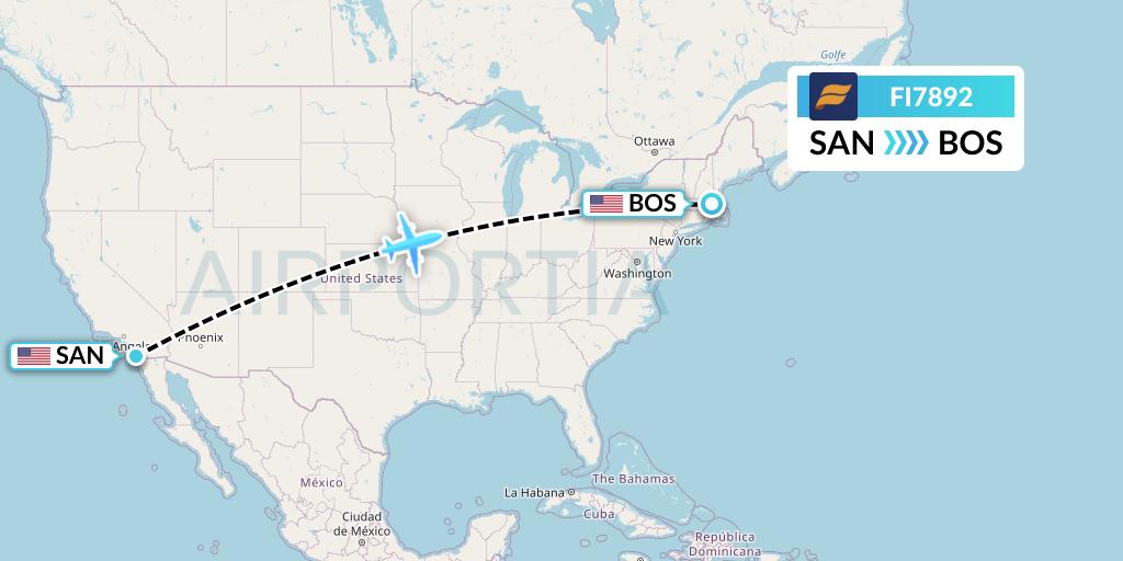 FI7892 Icelandair Flight Map: San Diego to Boston