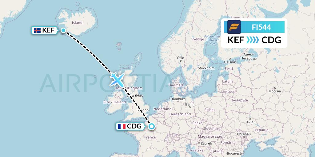 FI544 Icelandair Flight Map: Reykjavik to Paris