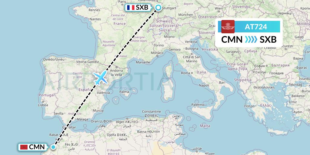 AT724 Royal Air Maroc Flight Map: Casablanca to Strasbourg