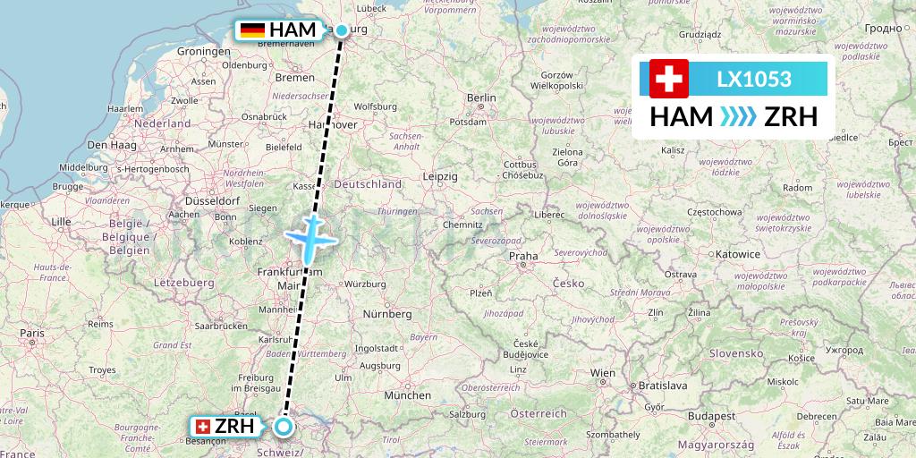 LX1053 Swiss Flight Map: Hamburg to Zurich