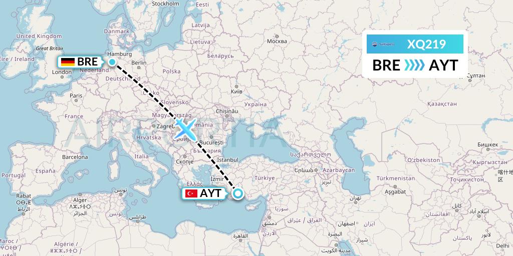 XQ219 SunExpress Flight Map: Bremen to Antalya