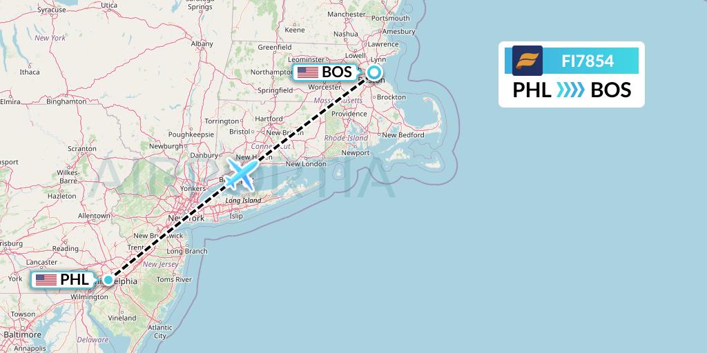 FI7854 Icelandair Flight Map: Philadelphia to Boston