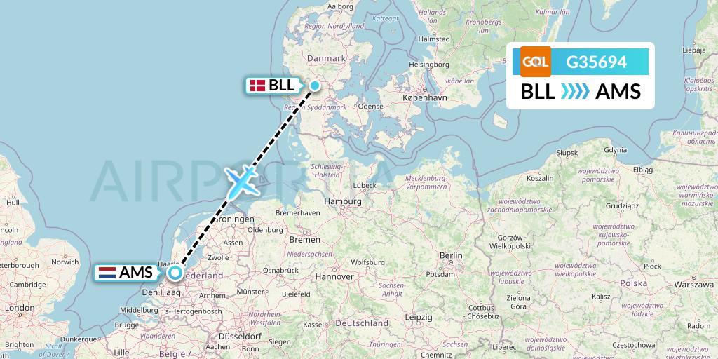 G35694 GOL Transportes Aeros Flight Map: Billund to Amsterdam