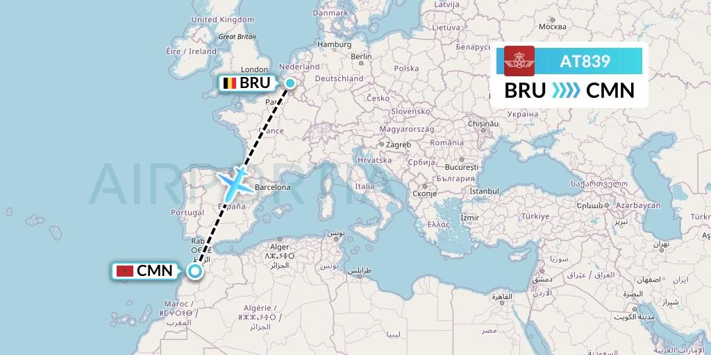 AT839 Royal Air Maroc Flight Map: Brussels to Casablanca