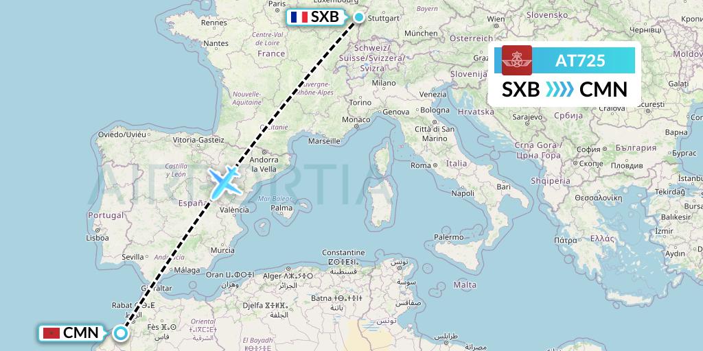 AT725 Royal Air Maroc Flight Map: Strasbourg to Casablanca