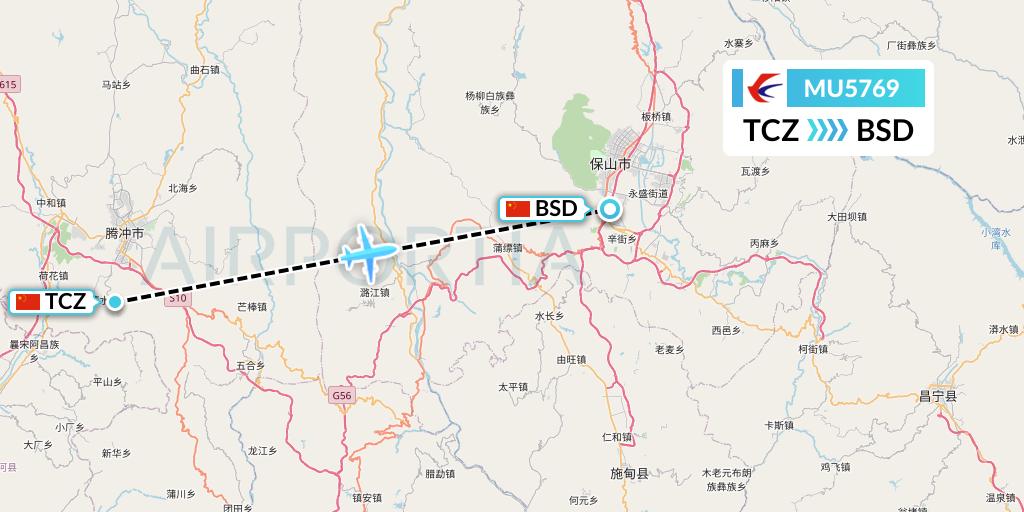 MU5769 China Eastern Airlines Flight Map: Tengchong to Baoshan