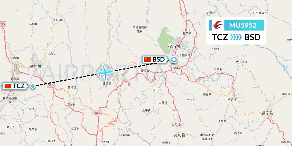MU5952 China Eastern Airlines Flight Map: Tengchong to Baoshan