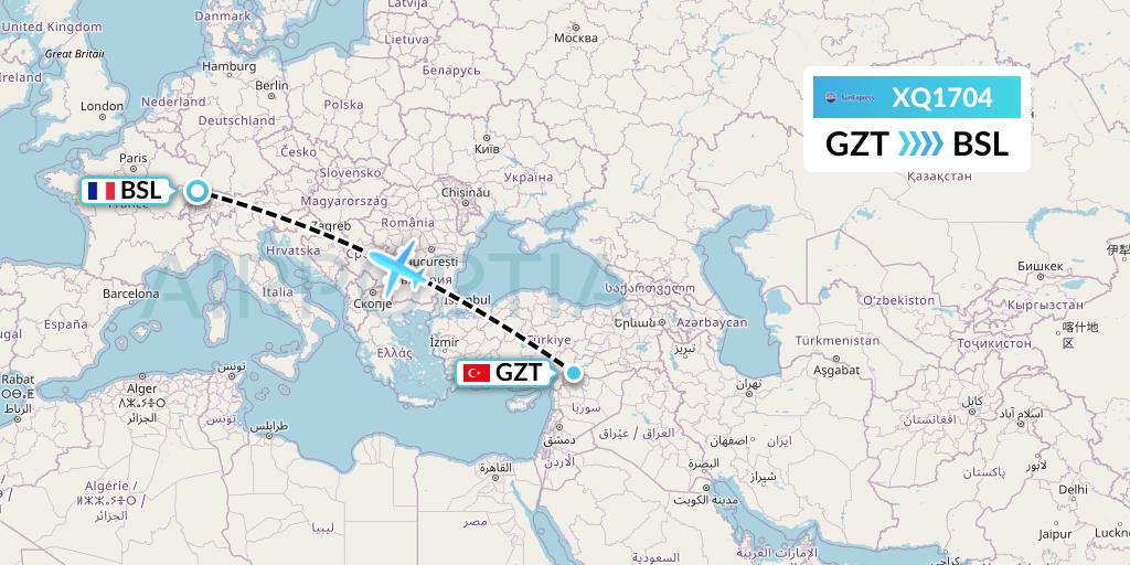 XQ1704 SunExpress Flight Map: Gaziantep to Basel