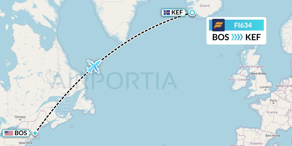 FI634 Icelandair Flight Map: Boston to Reykjavik