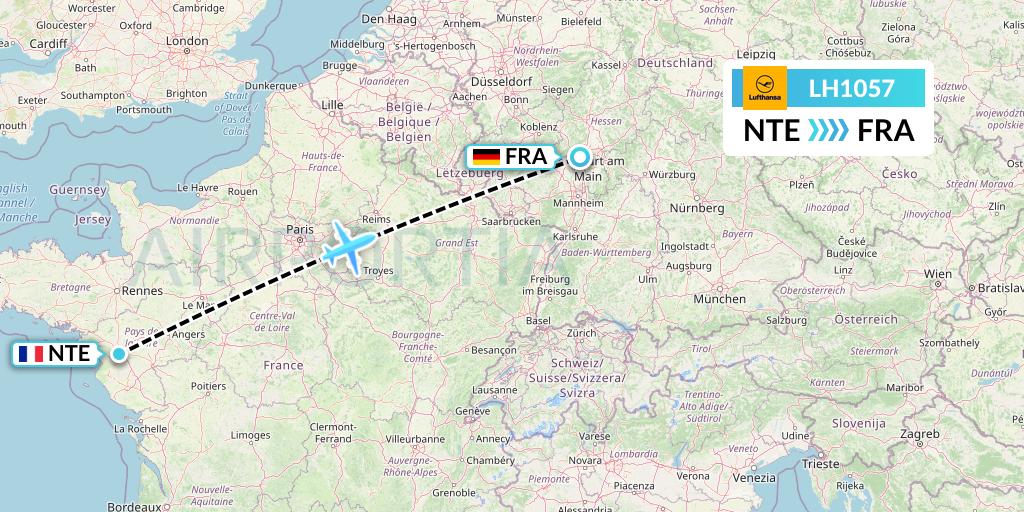 LH1057 Lufthansa Flight Map: Nantes to Frankfurt