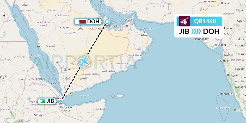QR1460 Qatar Airways Flight Map: Djibouti to Doha