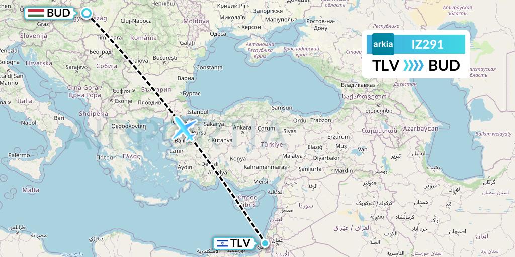 IZ291 Arkia Israeli Airlines Flight Map: Tel Aviv to Budapest