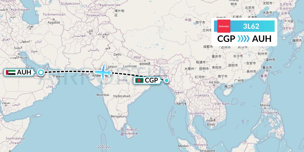 3L62 Air Arabia Abu Dhabi Flight Map: Chittagong to Abu Dhabi