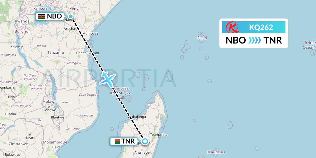 KQ262 Kenya Airways Flight Map: Nairobi to Antananarivo