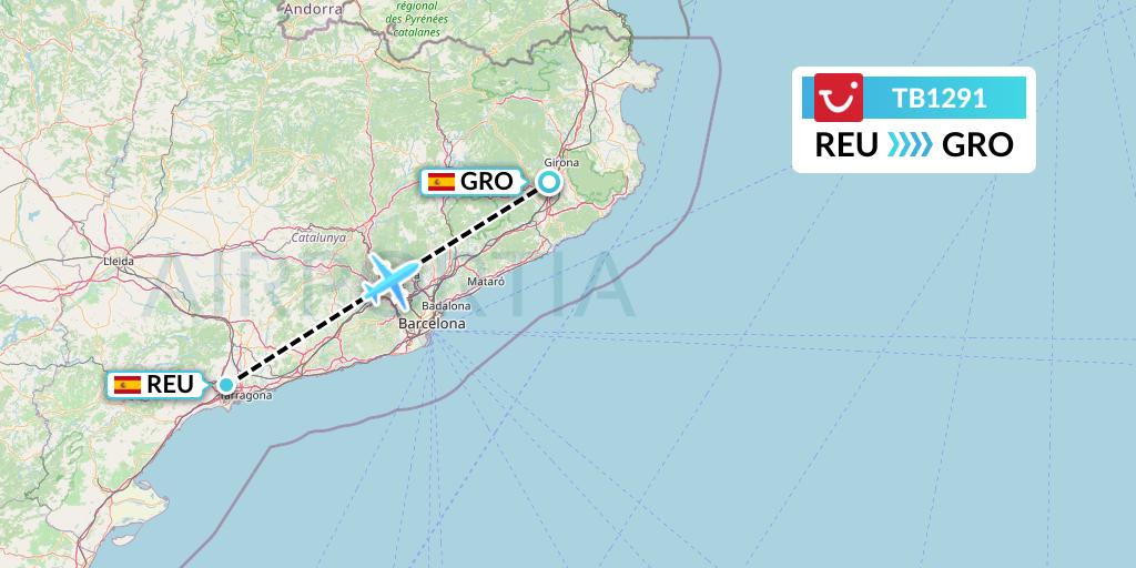 TB1291 TUI fly Belgium Flight Map: Reus to Girona