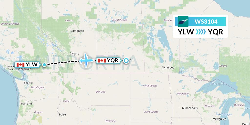 WS3104 WestJet Flight Map: Kelowna to Regina