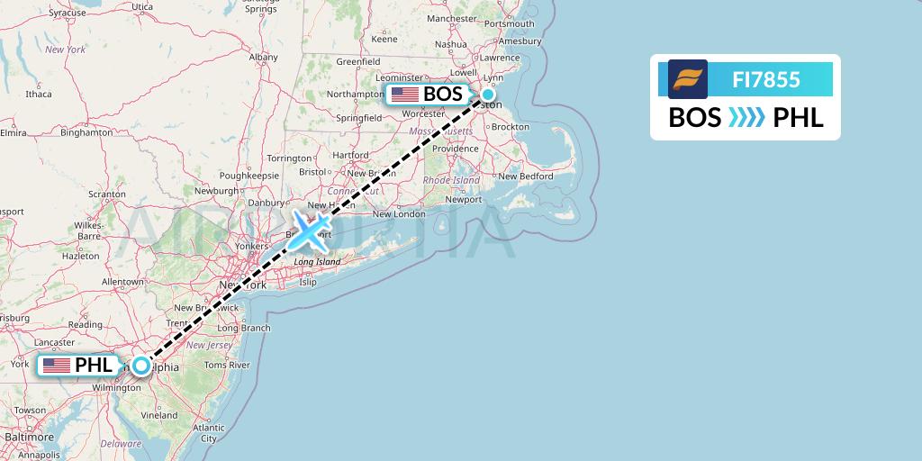 FI7855 Icelandair Flight Map: Boston to Philadelphia