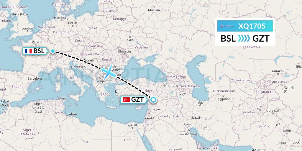 XQ1705 SunExpress Flight Map: Basel to Gaziantep
