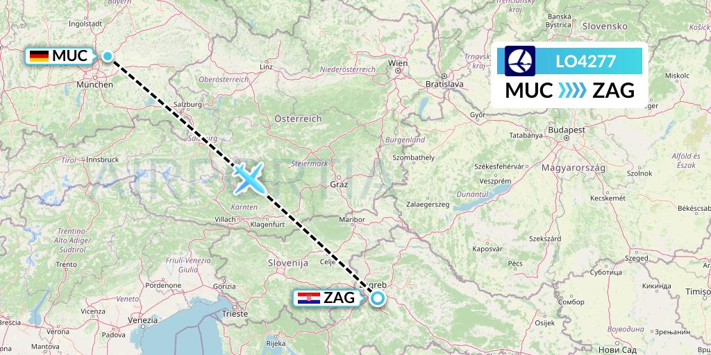 LO4277 LOT Flight Map: Munich to Zagreb
