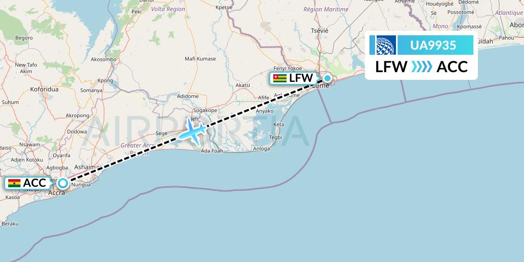 UA9935 United Airlines Flight Map: Lome to Accra