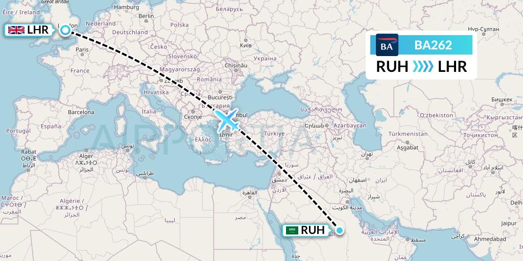 BA262 British Airways Flight Map: Riyadh to London