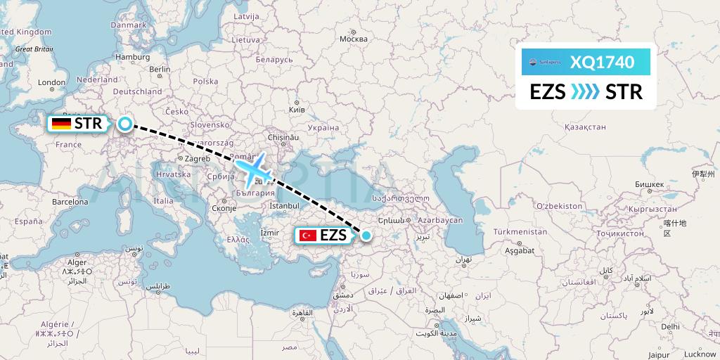 XQ1740 SunExpress Flight Map: Elazig to Stuttgart