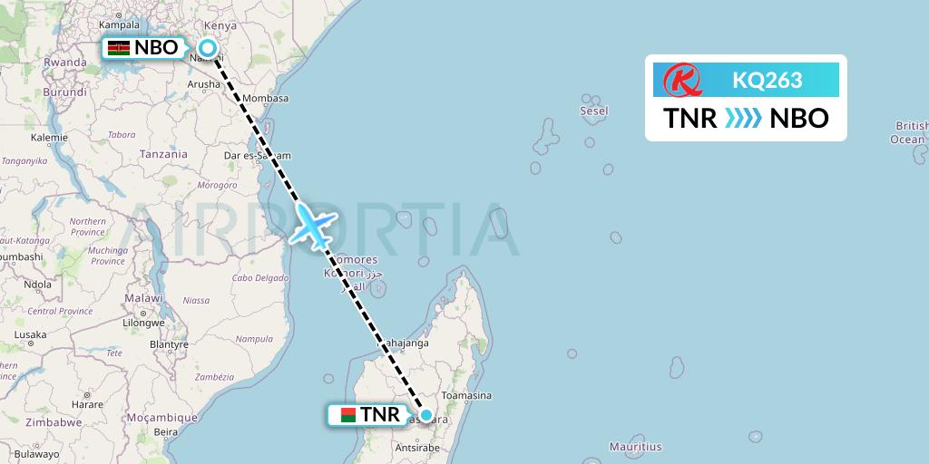 KQ263 Kenya Airways Flight Map: Antananarivo to Nairobi