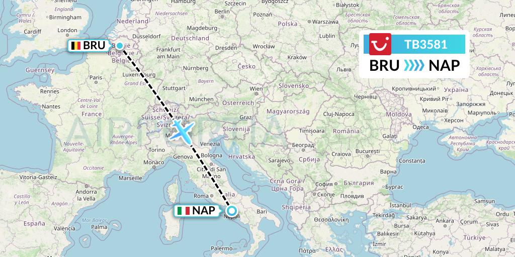 TB3581 TUI fly Belgium Flight Map: Brussels to Naples