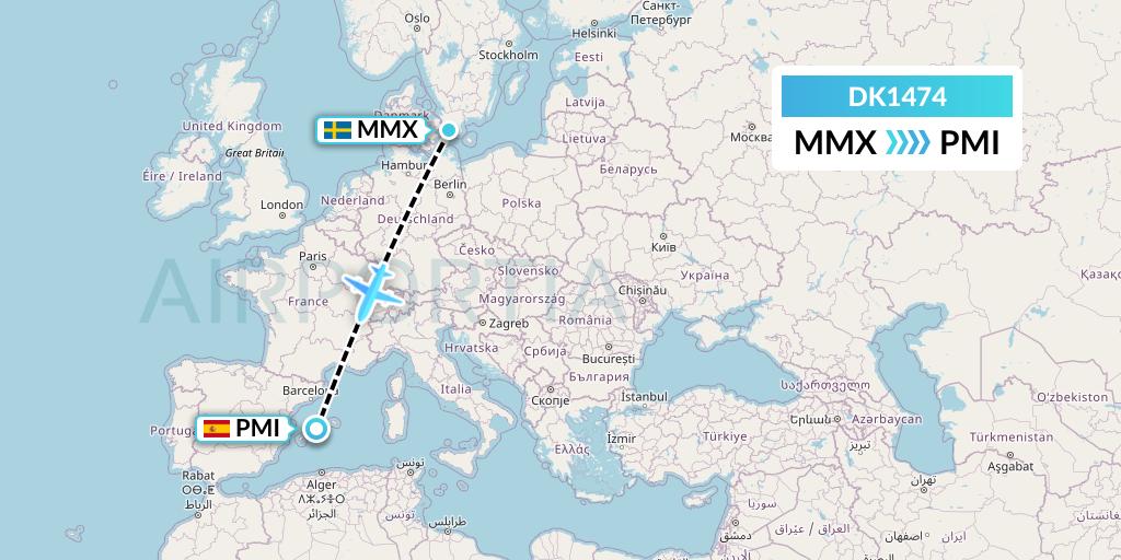 DK1474 Thomas Cook Airlines Scandinavia Flight Map: Malmo to Palma de Mallorca