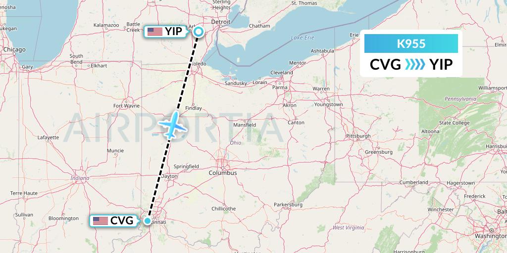 K955 Kalitta Charters Flight Map: Cincinnati to Detroit