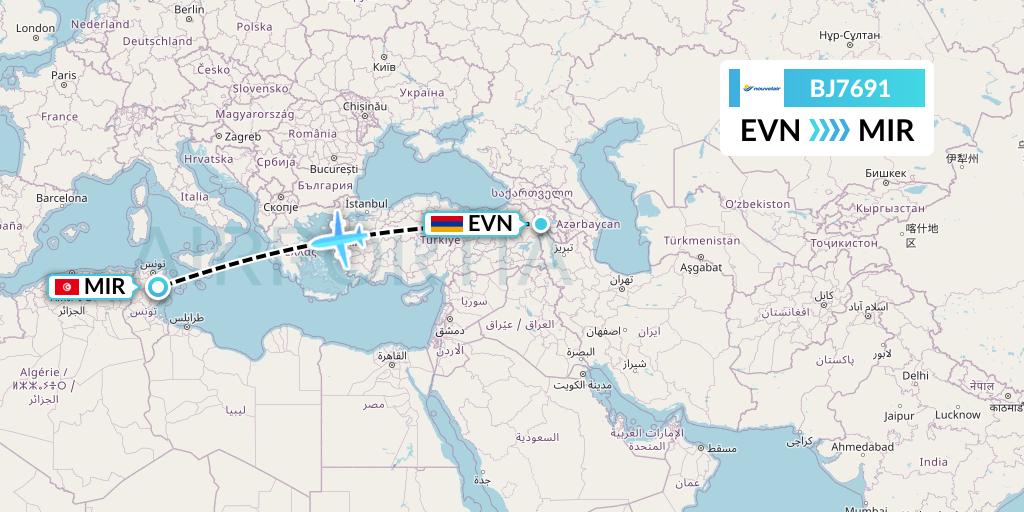 BJ7691 Nouvelair Tunisie Flight Map: Yerevan to Monastir