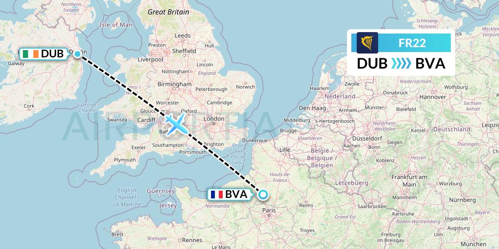 FR22 Ryanair Flight Map: Dublin to Paris