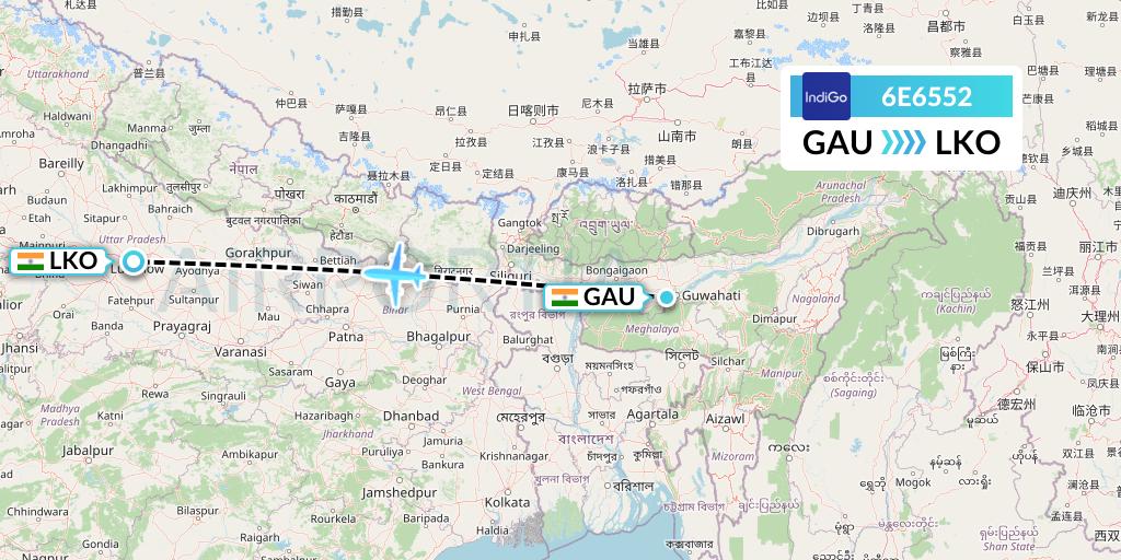 6E6552 IndiGo Airlines Flight Map: Guwahati to Lucknow