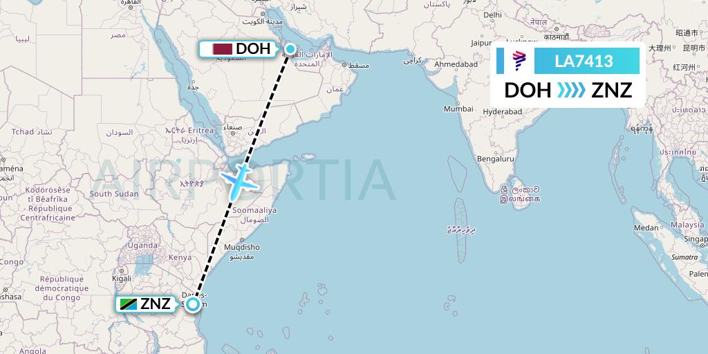 LA7413 LAN Airlines Flight Map: Doha to Zanzibar