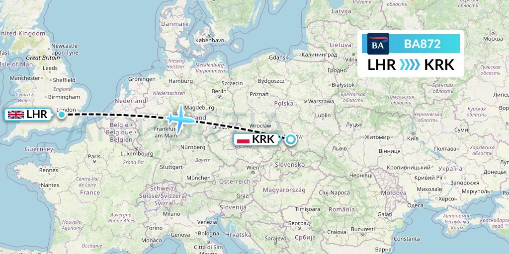 BA872 British Airways Flight Map: London to Krakow