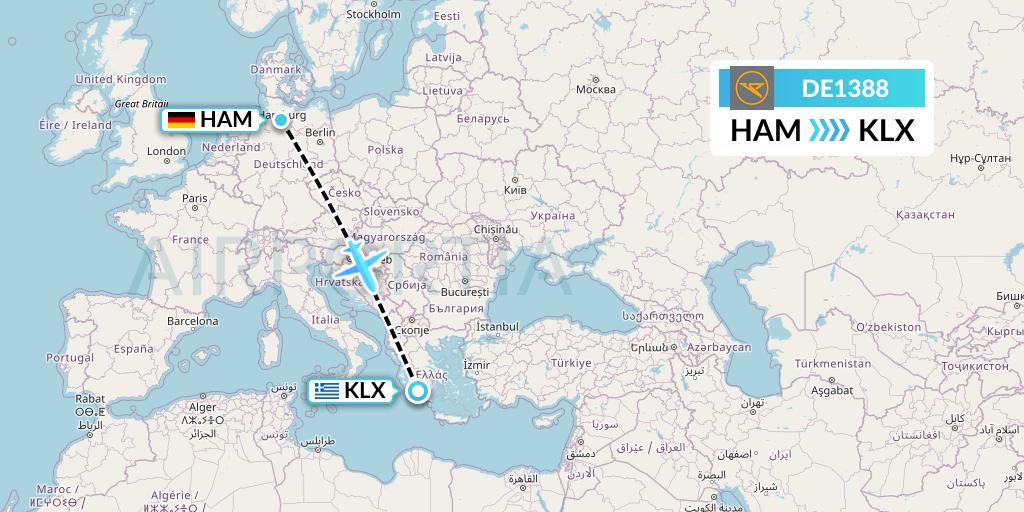 DE1388 Condor Flight Map: Hamburg to Kalamata