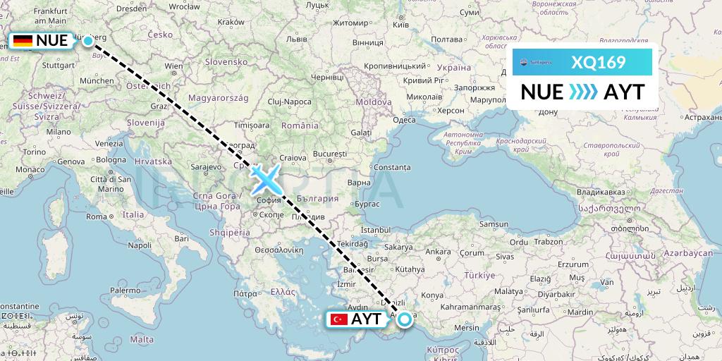 XQ169 SunExpress Flight Map: Nurnberg to Antalya