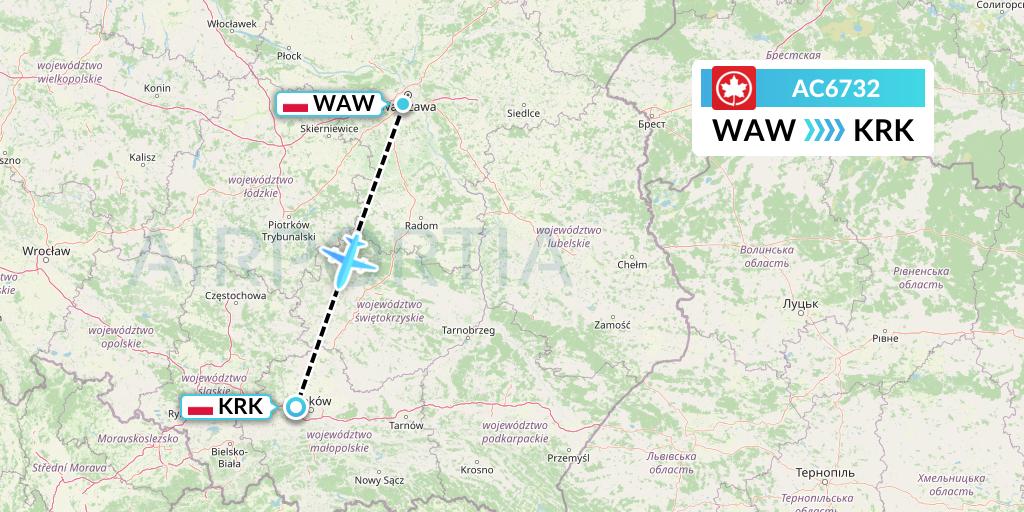 AC6732 Air Canada Flight Map: Warsaw to Krakow