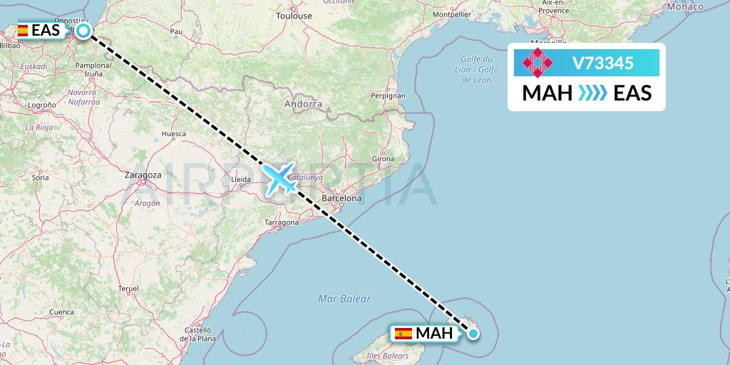 V73345 Volotea Flight Map: Mahon to San Sebastian