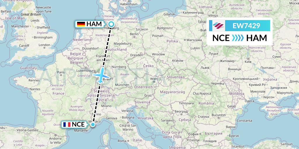 EW7429 Eurowings Flight Map: Nice to Hamburg