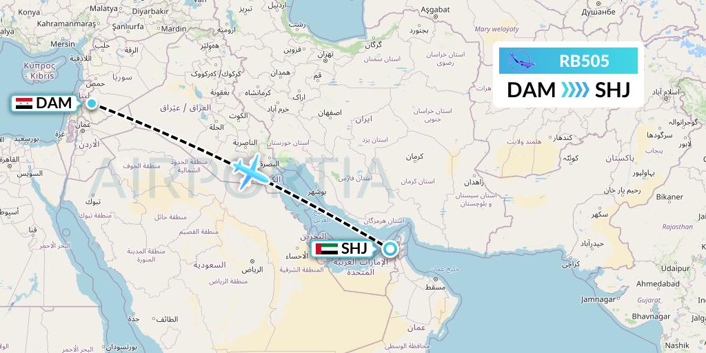 RB505 Syrian Air Flight Map: Damascus to Sharjah