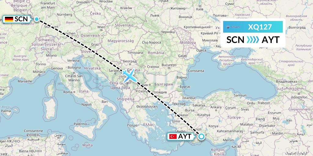 XQ127 SunExpress Flight Map: Saarbrucken to Antalya