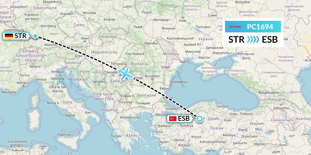 PC1694 Pegasus Airlines Flight Map: Stuttgart to Ankara