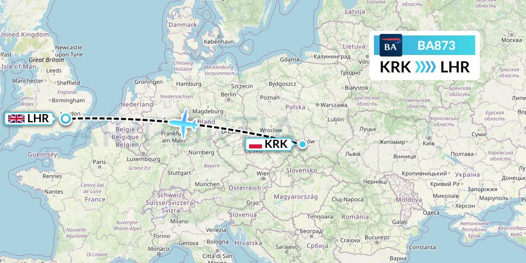 BA873 British Airways Flight Map: Krakow to London