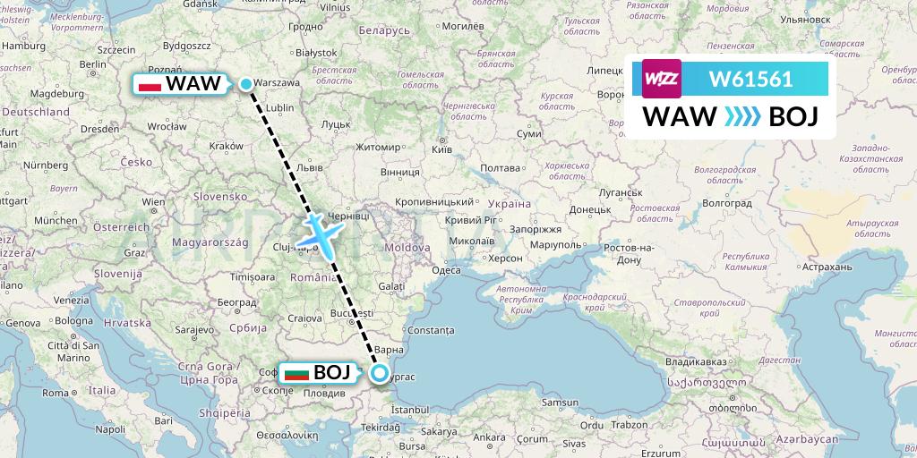 W61561 Wizz Air Flight Map: Warsaw to Burgas