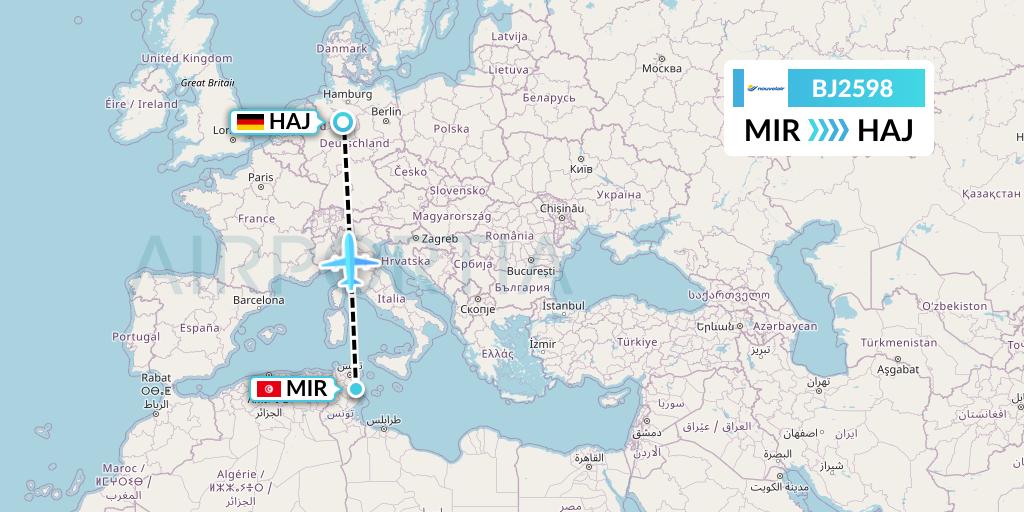 BJ2598 Nouvelair Tunisie Flight Map: Monastir to Hannover