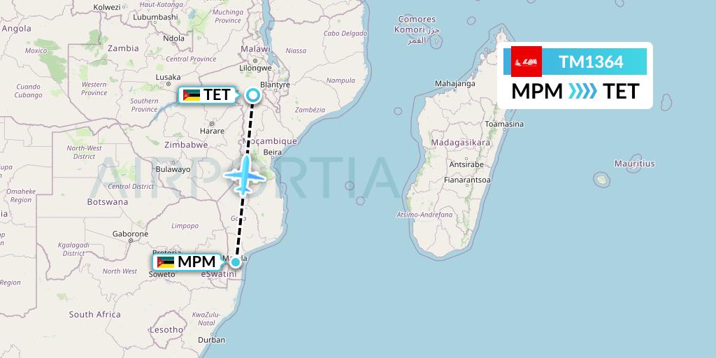 TM1364 LAM Mozambique Airlines Flight Map: Maputo to Tete